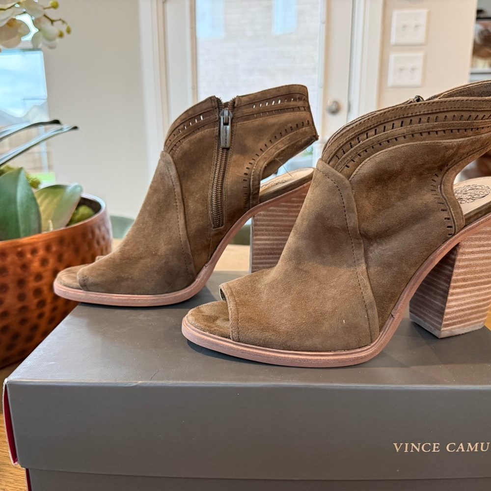 Vince Camuto Tan Suede Peep-Toe Block Heel Mules